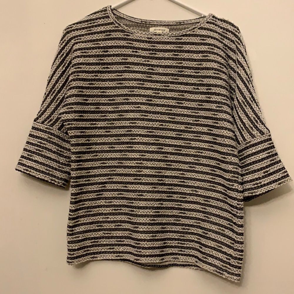 Max Studio striped, black and gray, 3/4 length sleeve, top.  Size XS. Length 22”